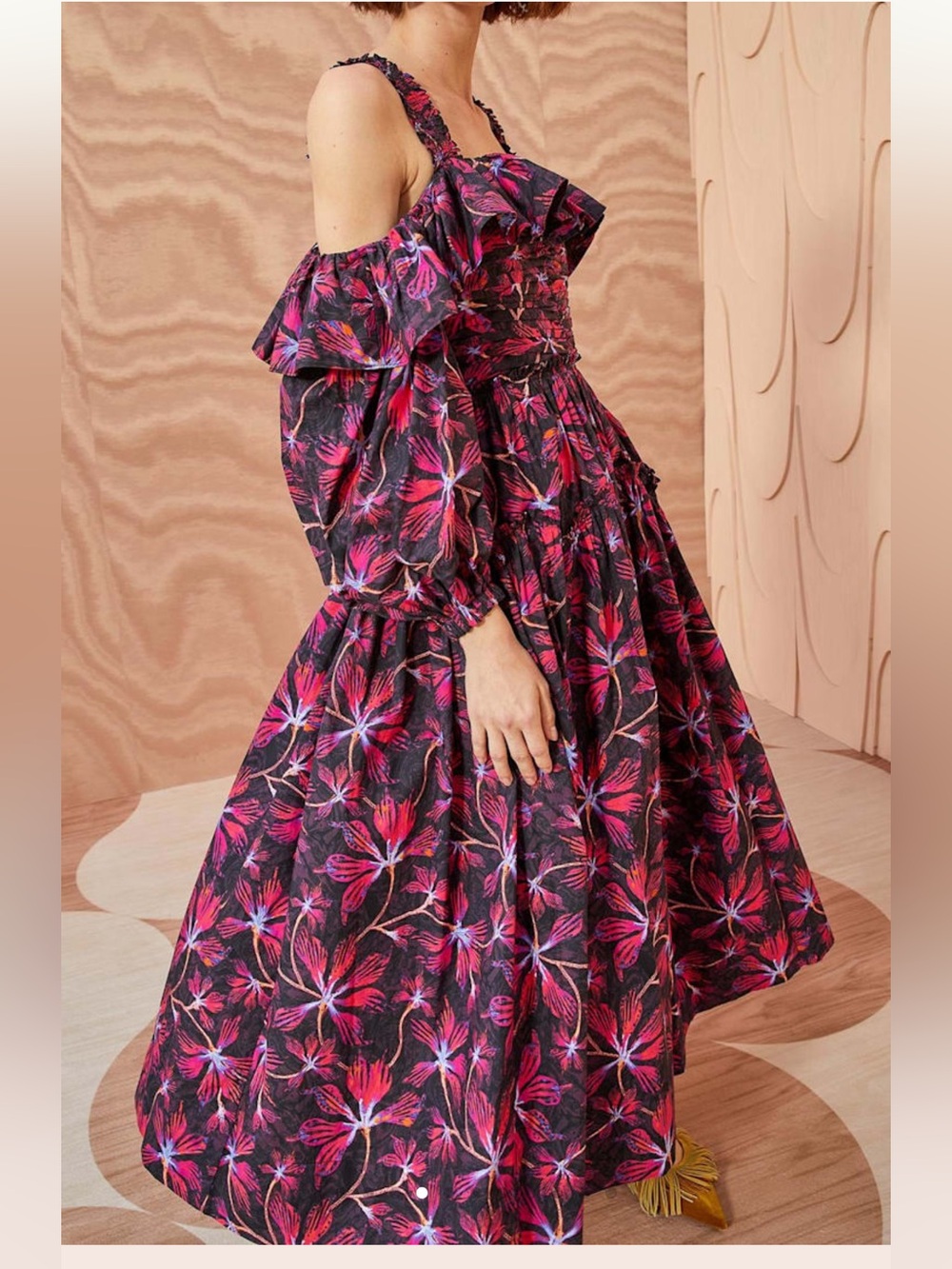 Ulla Johnson Cold Shoulder Floral Dress Pink Black Ruffle Sleeve Long Sleeve - Picture 3 of 10